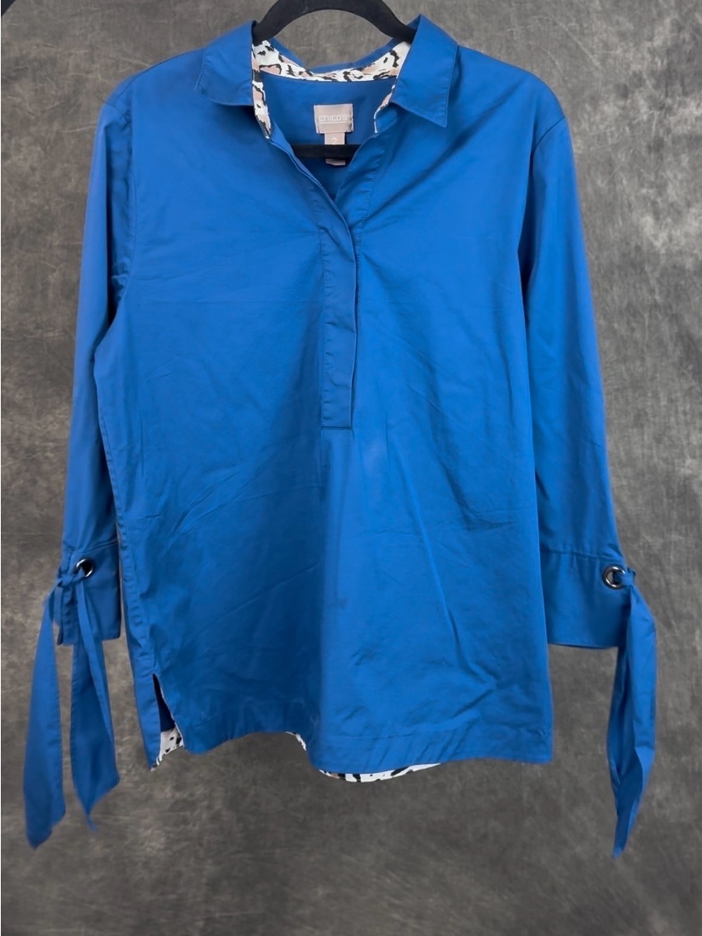 Chico’s Royal Blue Tie Sleeve Blouse | Size 2 (L 12/14) | Animal Print Trim